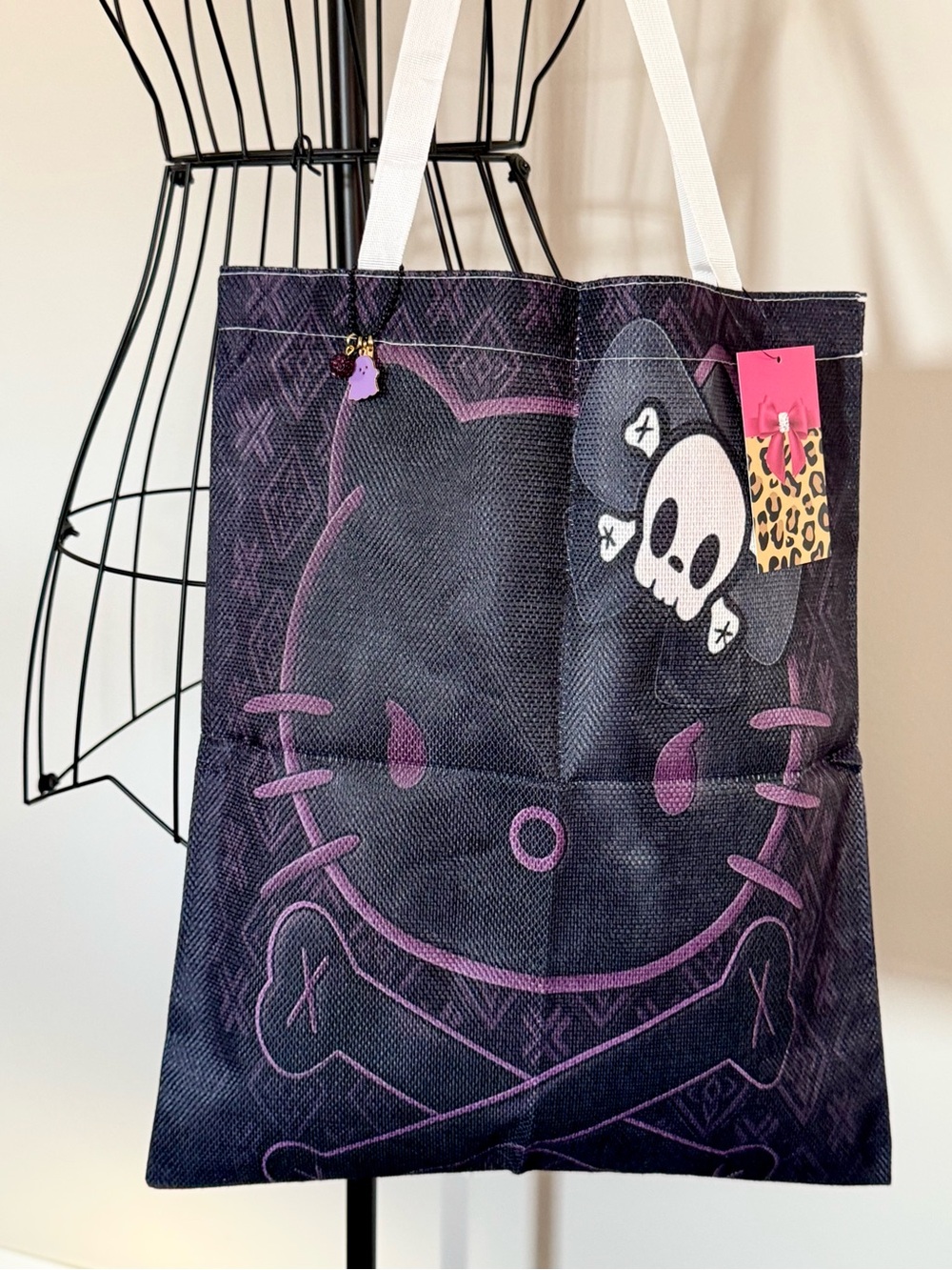 New Gothic Hello Kitty Purple & Black Skull Trick or Treat Candy Tote Bag - 16”